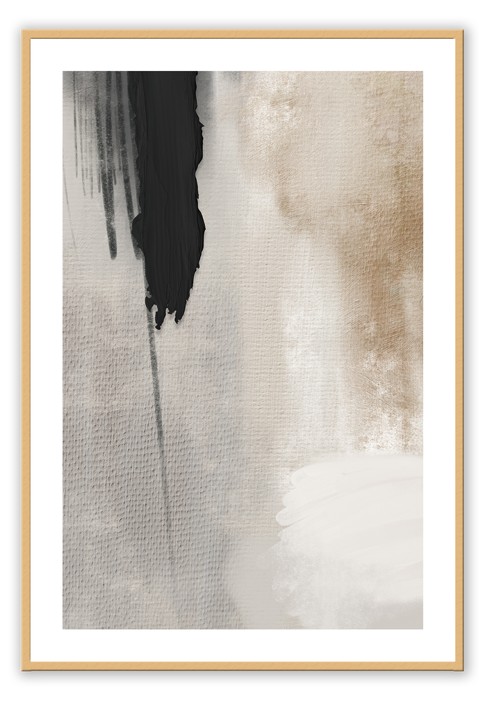 Abstract art print in brushtroke texture with black chunky brushstrokes in top left corner on a light grey background.