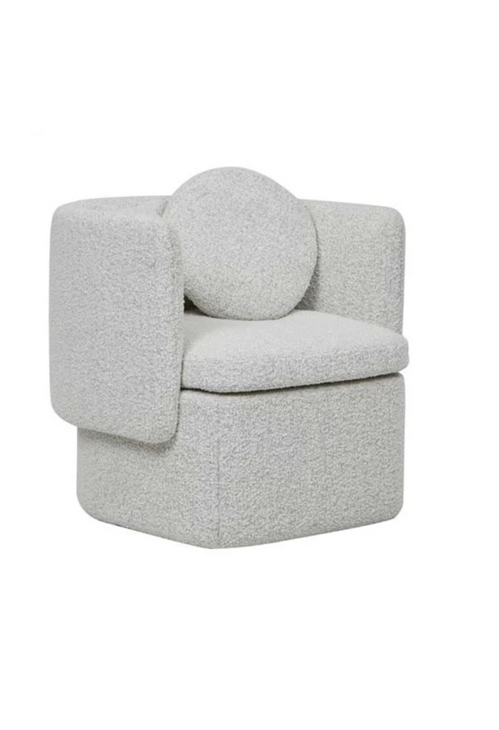Fully upholstered tub-style armchair in grey speckled boucle with matching cushions on a white background