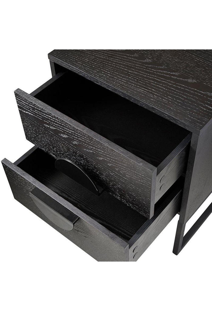 Black Cubic Timber Bedside Table with two drawers featuring black halfmoon shaped metal handles and black metal legs