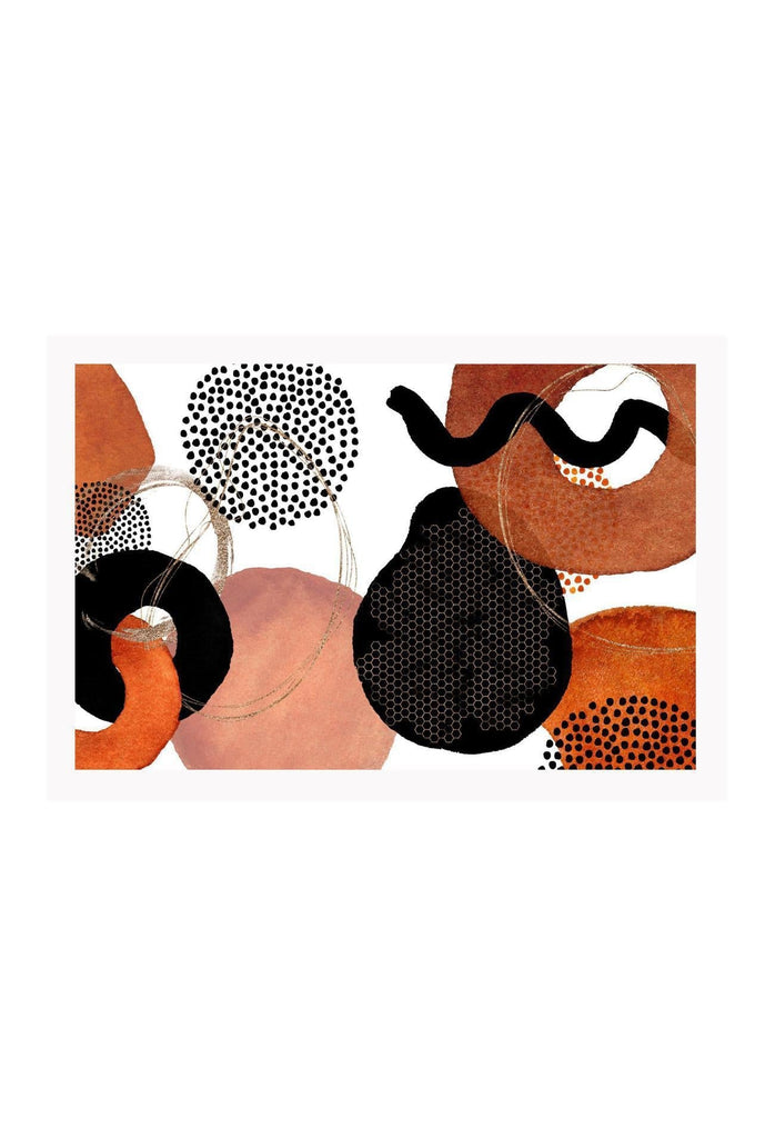 Abstract art print featuring peach black orange and rust watercolour shapes connected with gold lines on a white background.