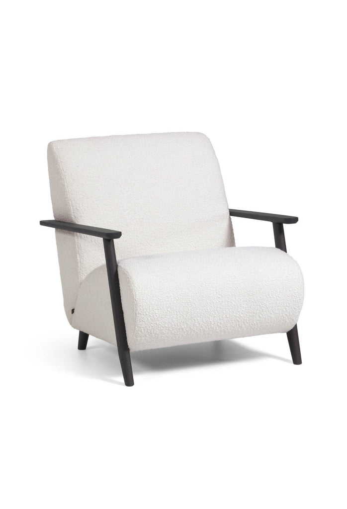 Ivory white boucle armchair with ash wood armrest and frame on a white background