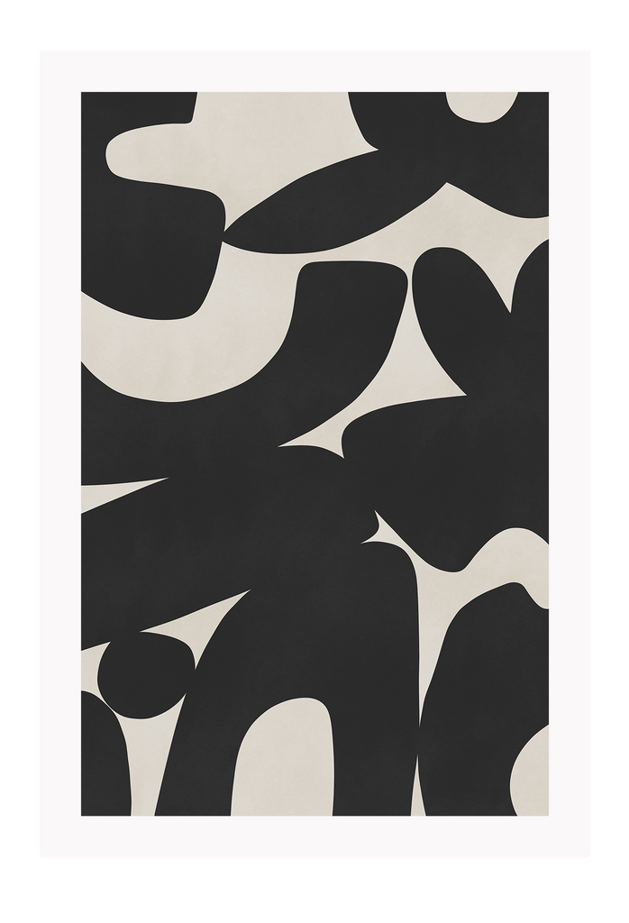 Abstract style art print with large chunky black shapes on a plain beige background.