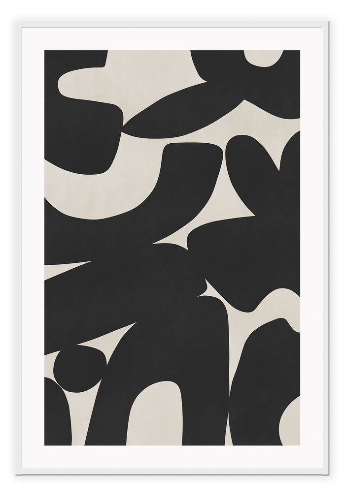 Abstract style art print with large chunky black shapes on a plain beige background.