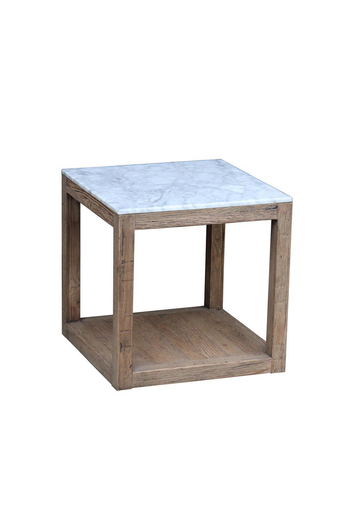 Square modern Natural wood side table with white marble top