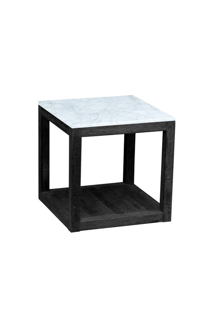 Square modern black wood side table with white marble top