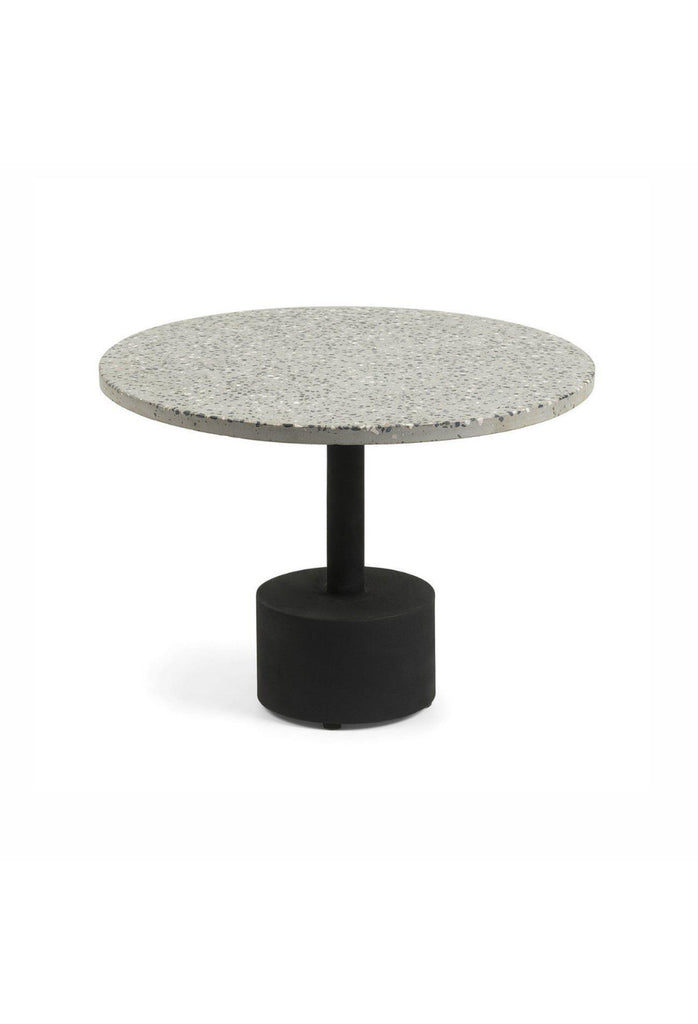 Round Side table with a Solid Painted Black Metal Base and a Grey and White Terrazzo Top on White Background
