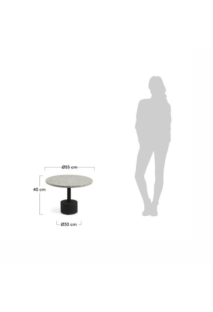 Round Side table with a Solid Painted Black Metal Base and a Grey and White Terrazzo Top on White Background