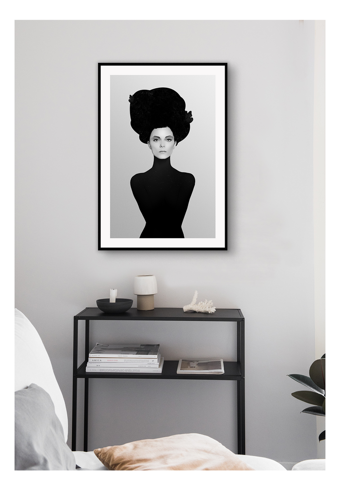 A simple, fashion wall art with a black and white women on hexigonal textured grey canvas
