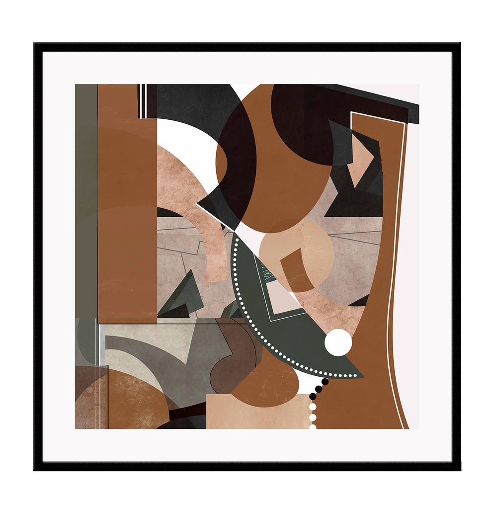 Modern abstract style print with brown olive green black grey and beige shapes overlapping one another on a white background.