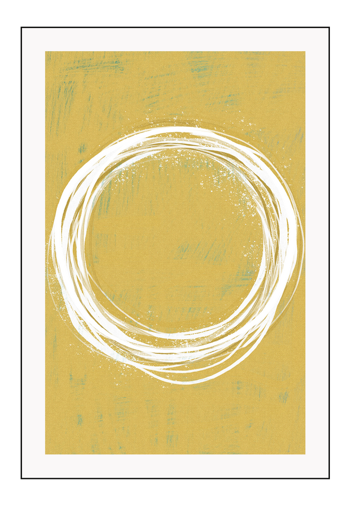 Minimal line art print white lines forming circle on bright yellow background print abstract. 