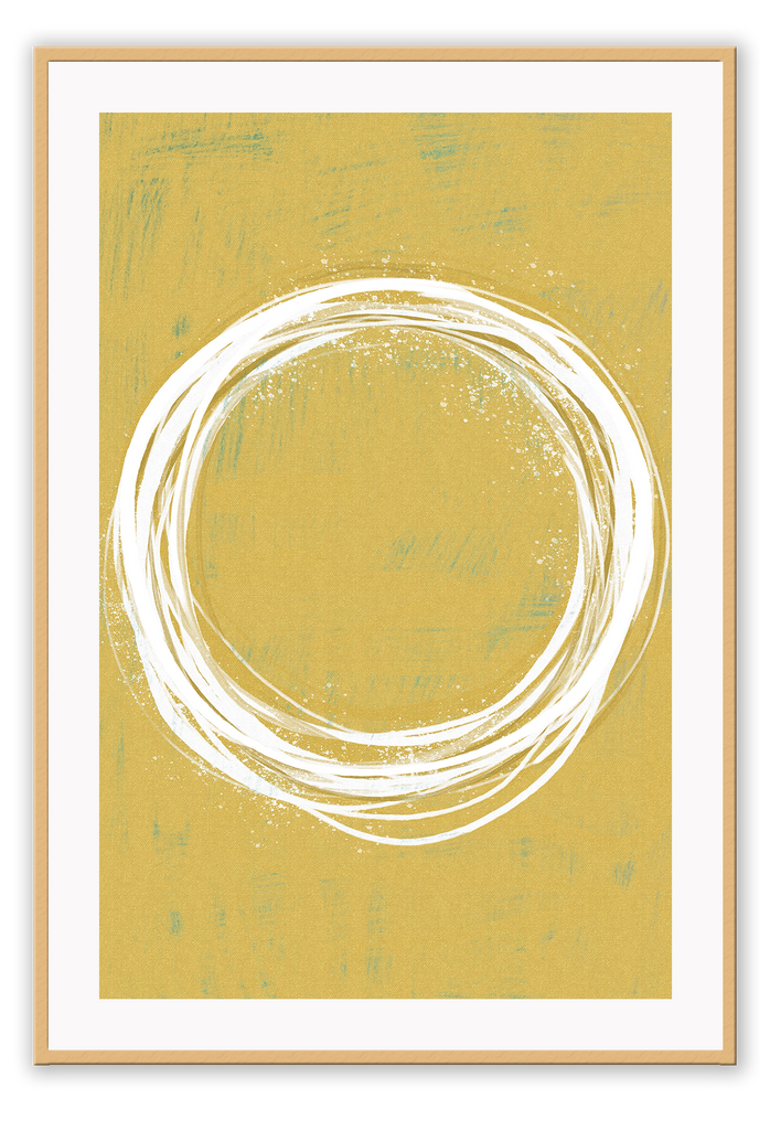Minimal line art print white lines forming circle on bright yellow background print abstract. 