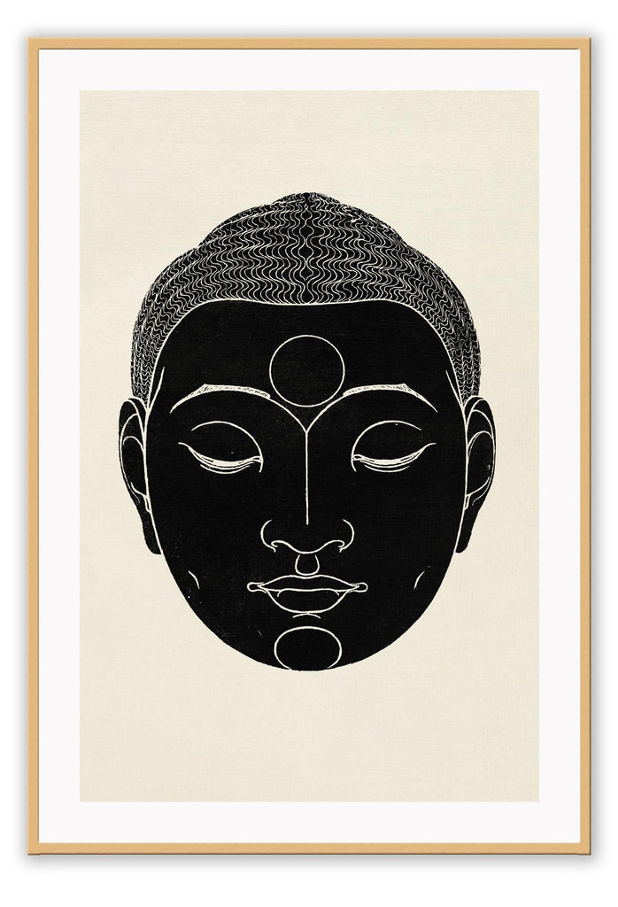 Zen modern minimal style print with a black buddha face with eyes closed on a cream background.