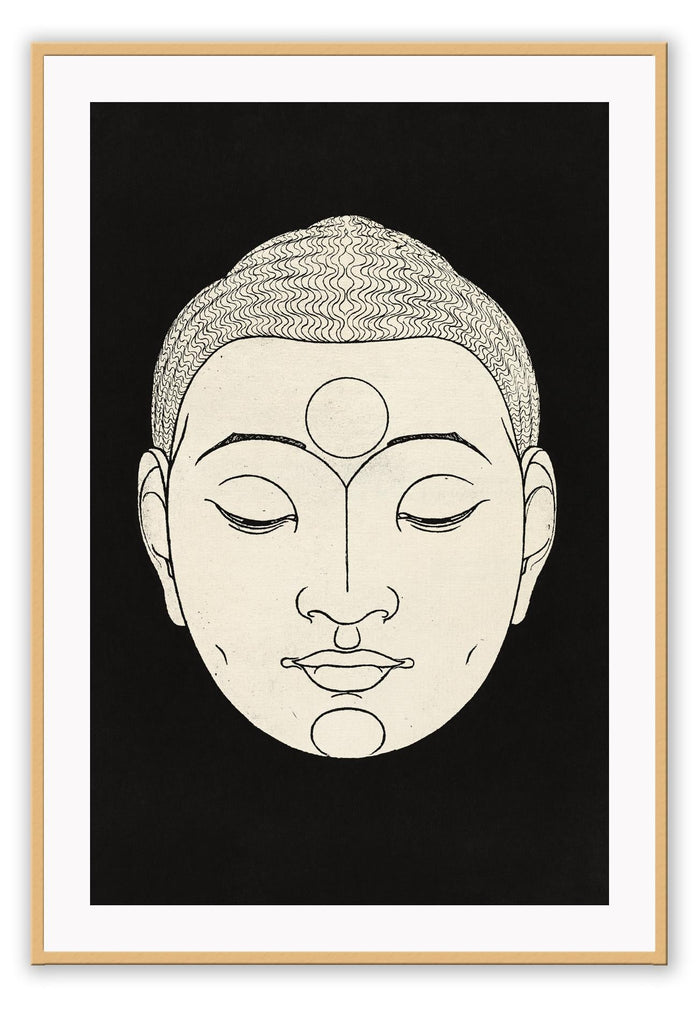 Zen modern minimal style print with a cream buddha face with eyes closed on a black background.