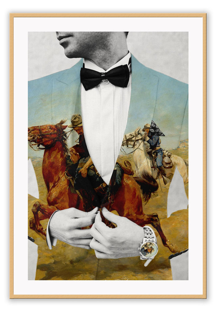 Vintage style print featuring a man wearing a tuxedo and watch with the jacket made from a horse and cowboy print.