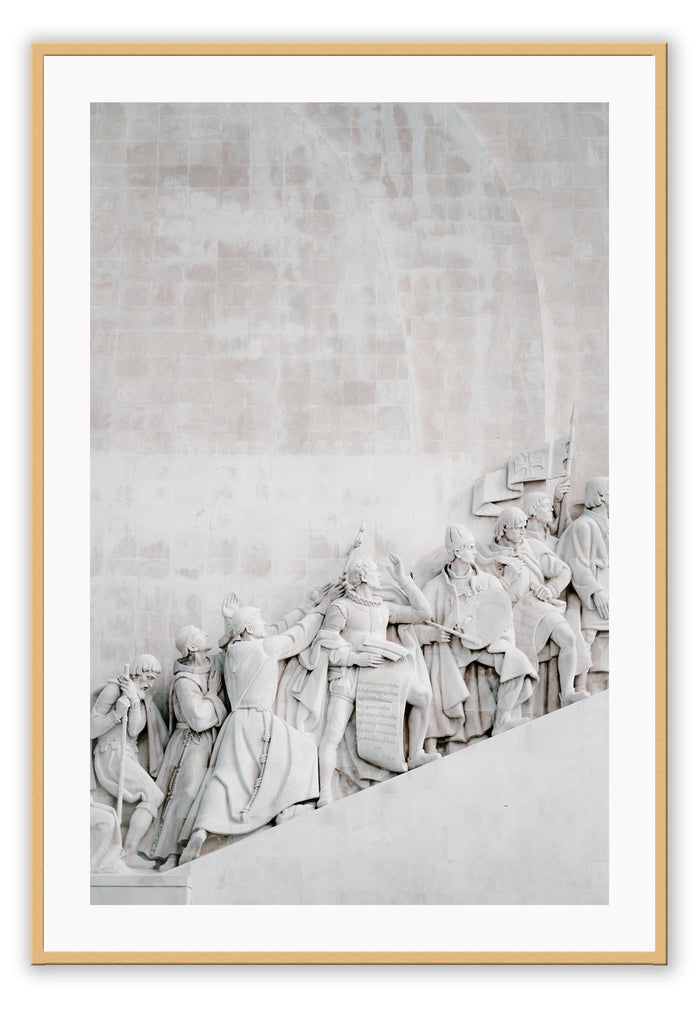 Modern minimalist print with grey concrete medievil people on a slope huddled together in distress.