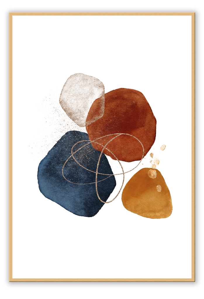Abstract style print with rust, mustard, navy and gold rounded shapes connected with gold flecked scribbled lines on a white background.
