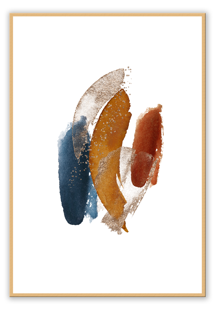 Abstract style print with rust mustard navy and gold brushstroke shapes with gold flecked splatters on a white background.