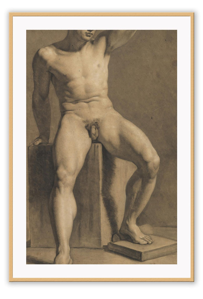 Vintage painting style art print featuring a nude man sitting on a concrete cube with his arm in the air.