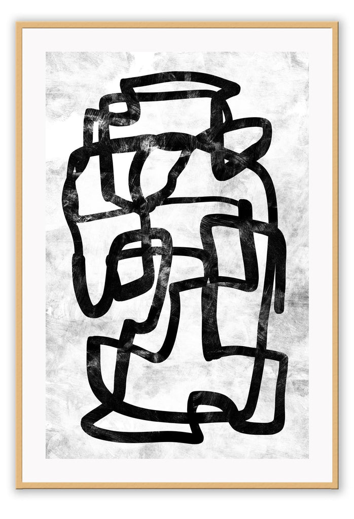 Modern abstract art print featuring a continuous black and grey squiggly line on a white textured background.