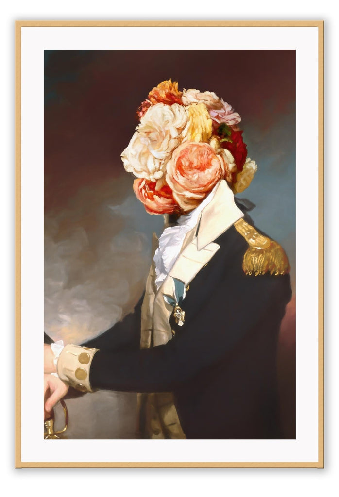 Vintage style painting print with a man in a royal army uniform and his face covered in a bouquet of pink and yellow flowers.