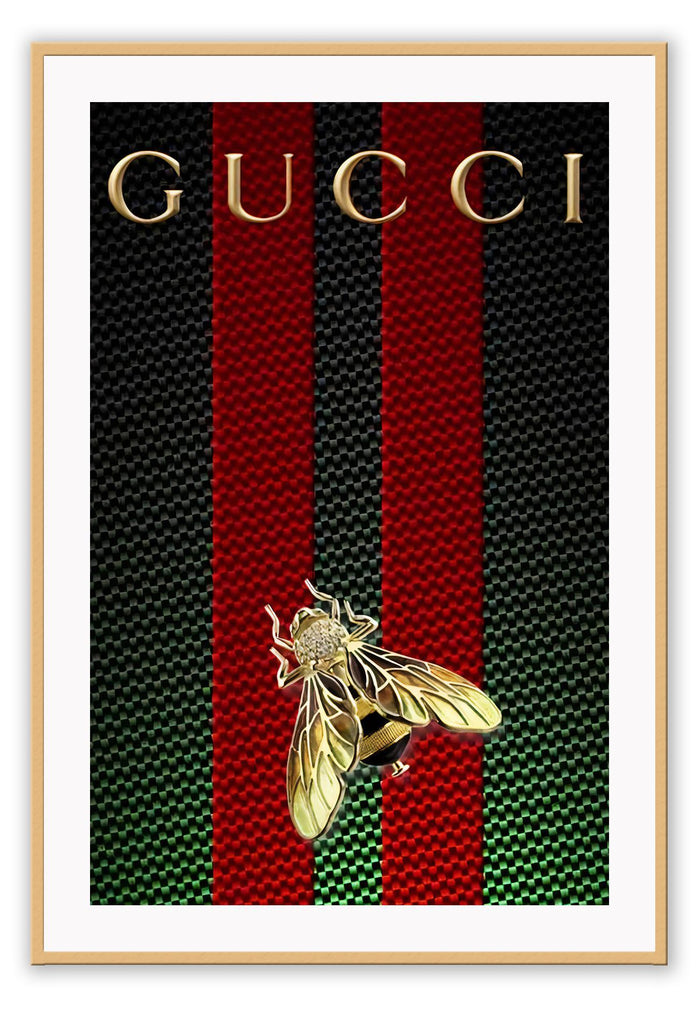 Print with Gucci logo and a bee in gold in the centre on a green and black checkered background with two vertical red stripes