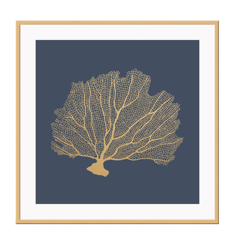 Coastal hamptons style square print featuring a gold coral fossil leaf on a navy blue background.
