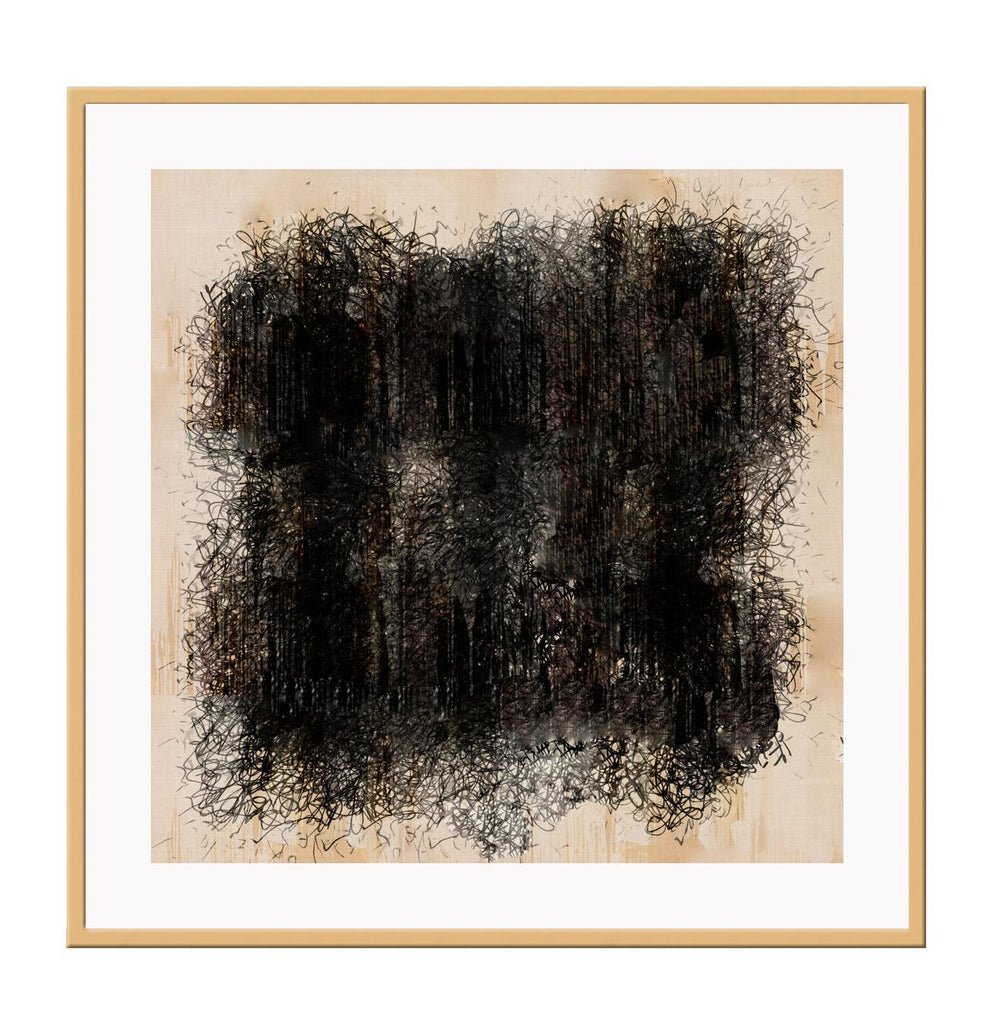Modern abstract square print with tiny black lines creating a large black area on a cream background.
