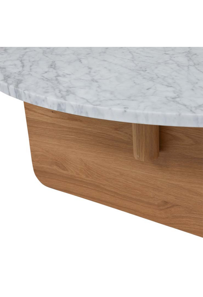 White Marble Coffee Table with Unique Natural Wood Structured Base on a white background