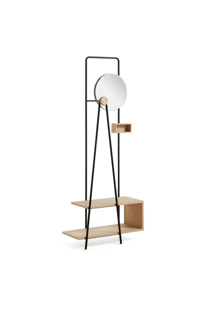 Geometric Coat Rack with Random Rectangular Shelves in Ash Wood a Black Metal Frame and a Small Round Mirror
