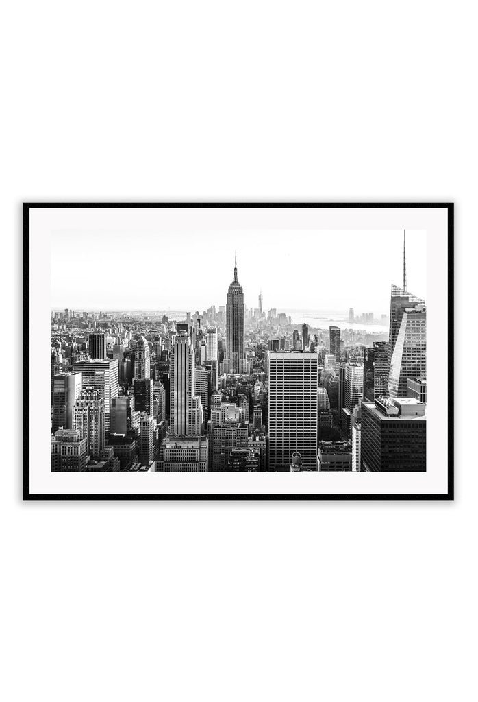 A black and white urban wall art with New York City modern skyscrapers.  