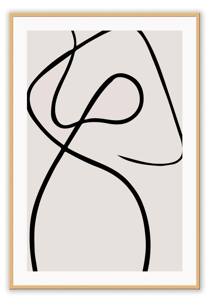 Minimal abstract line art woman figure black squiggle bedroom with beige background 