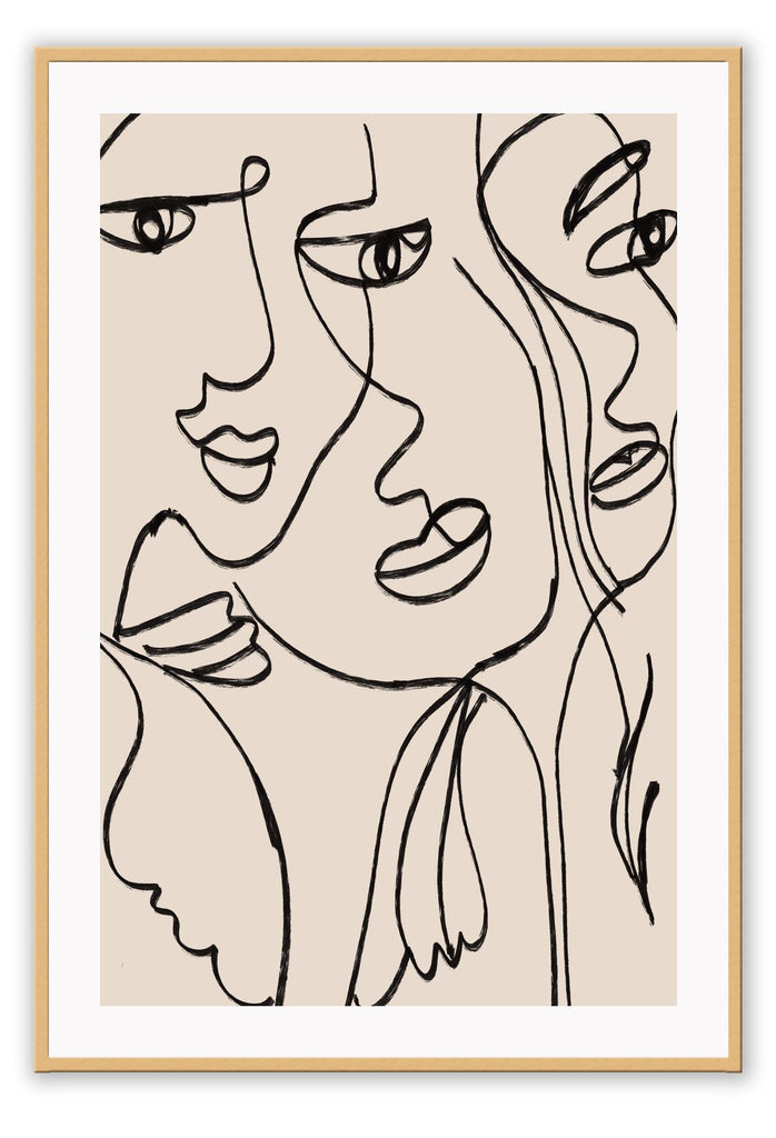 Line art print portrait with abstract faces in black with beige background 