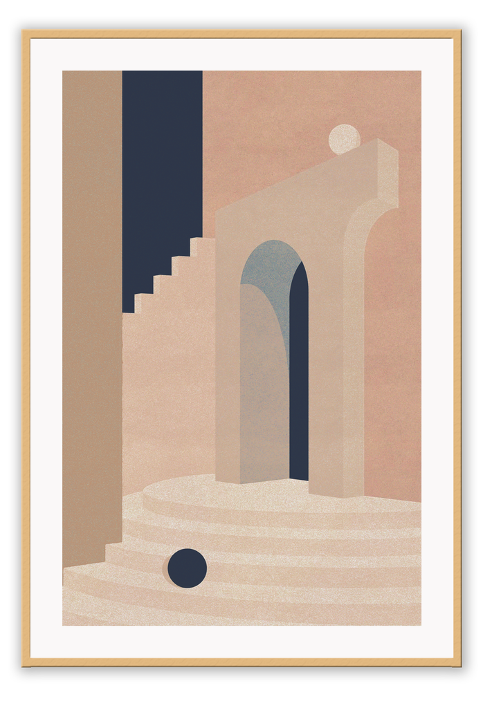 Geometric interior of stairs and archways in teracotta and pink tones with navy modern style