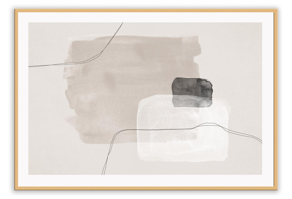 Modern abstract art portrait landscape with grey square white lines beige cream background black lines.