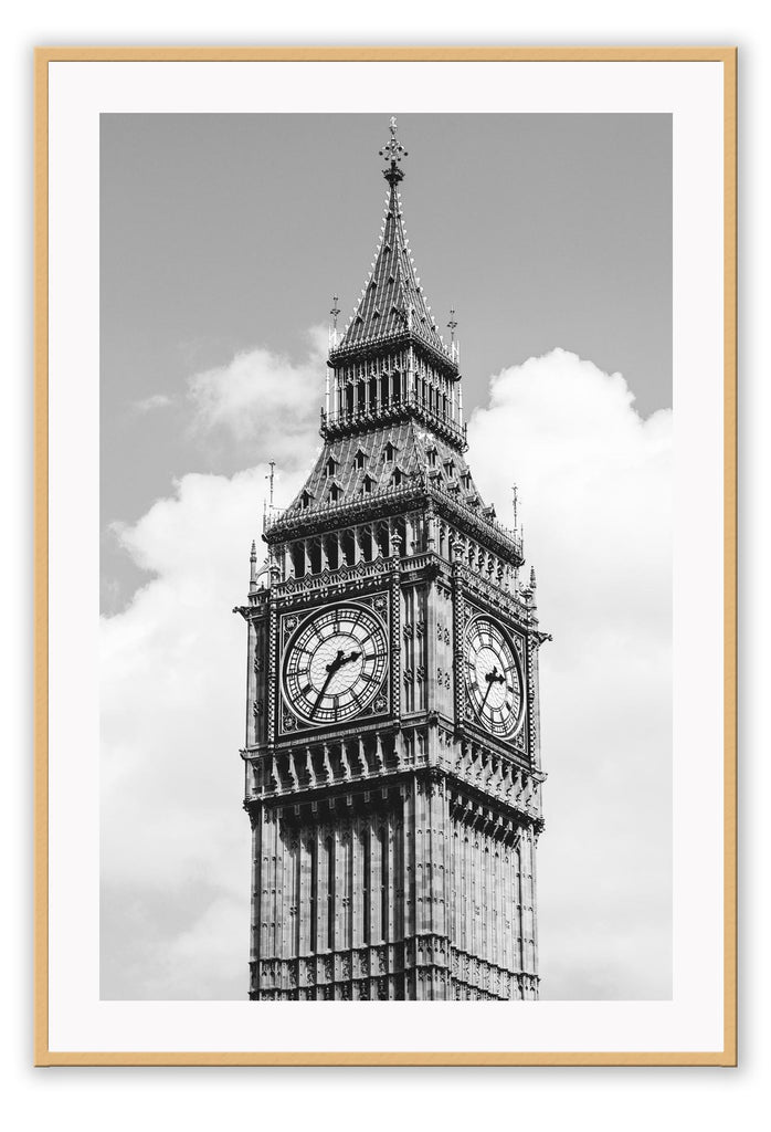 A black and white urban wall art with classic architecture Big Ben in London. 