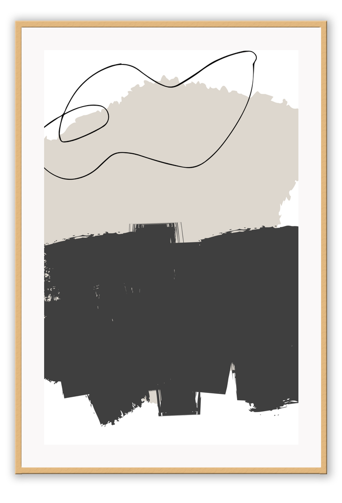 Abstract print with black charcoal and beige brushstokes colour blocked with black squiggle on white background