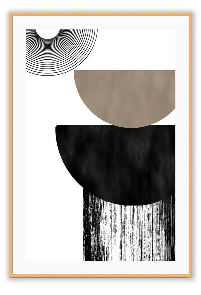 An abstract wall art with white curvey beige and black circle shapes on white background with texture 