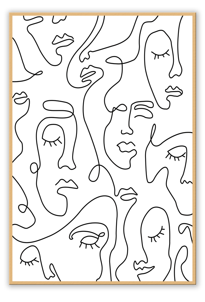 Abstract black and white line art faces minimal black lines on white background