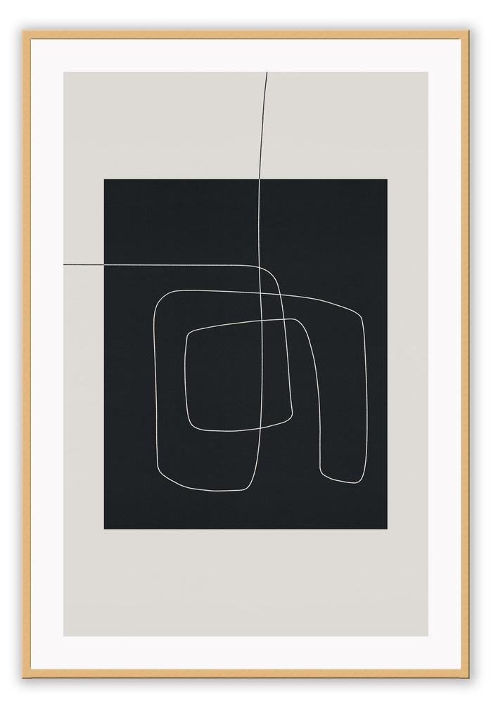 Abstract minimal print with black rectangle in middle with small white line on beige background with neutral tones 