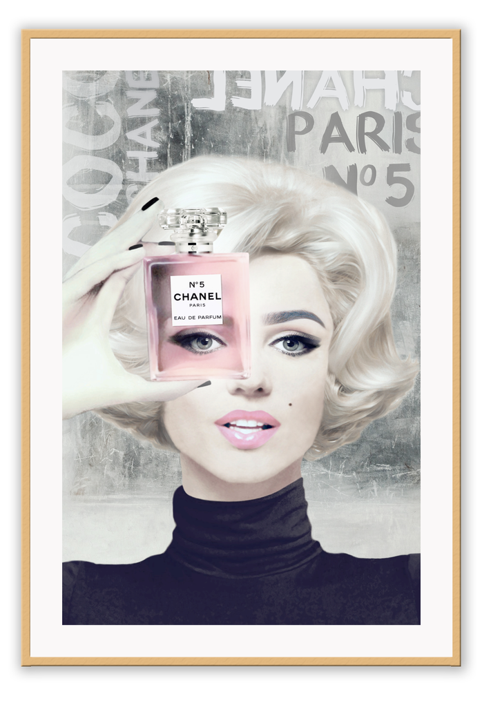 Fashion illustration iconic Marilyn Monroe holding Chanel perfume bottle in pink 