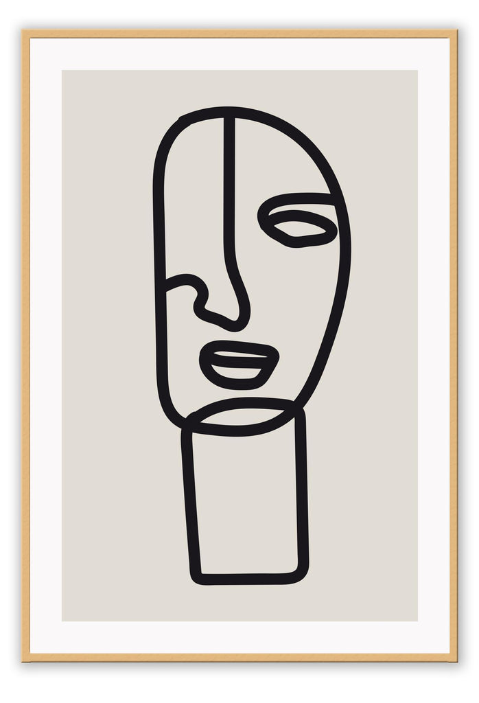 Line art print with abstract black face and beige background minimal and natural tones modern 