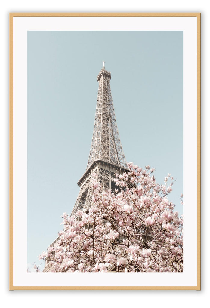 Eiffel tower Paris print with pink cherry blossoms and blue sky, pastel colours and dynamic view 