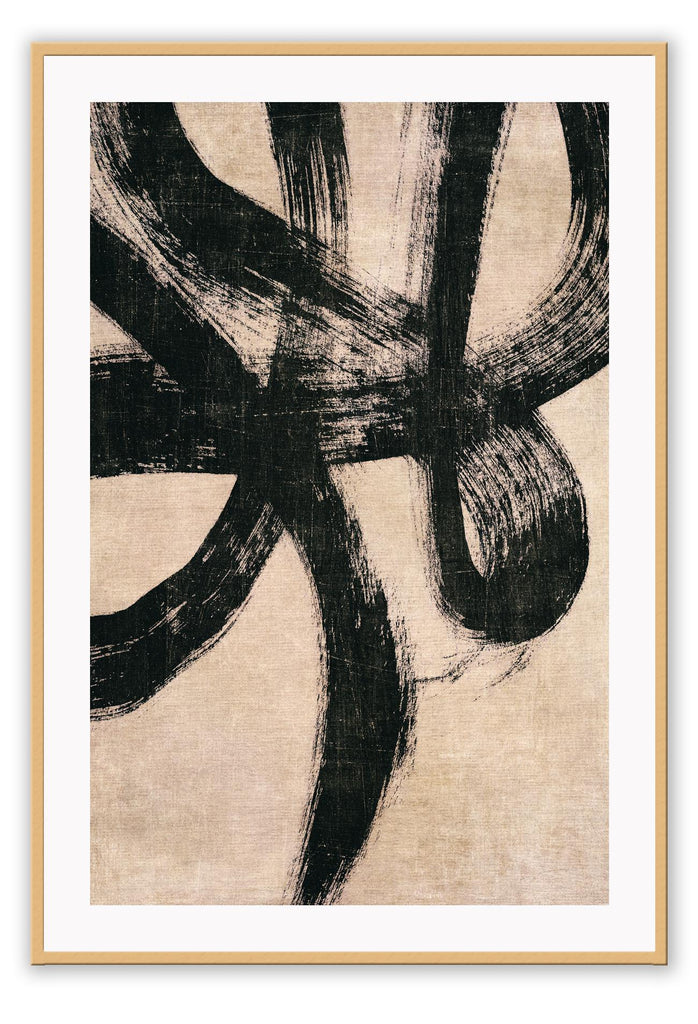 Abstract print with black brushstokes squiggle lines on textured paper with beige background in moody minimal style 