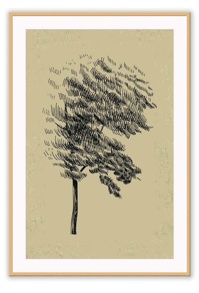 Tree sketch blowing in wind in black with texture and natural beige background portrait print 