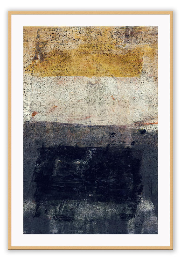 Abstract textured print brushstrokes in gold, yellow, navy, blue cream lines colourblock
