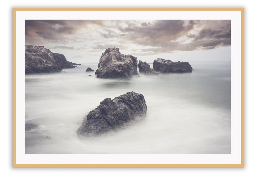 Photography nature of rocks in the water in fog and cloud neutral tones sunset calming zen print 