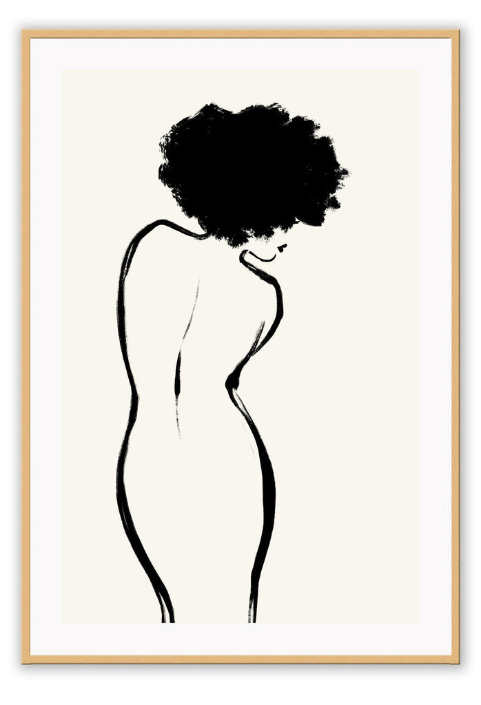 A simple, minimal print with an abstract sketch in black of the back of a woman and white