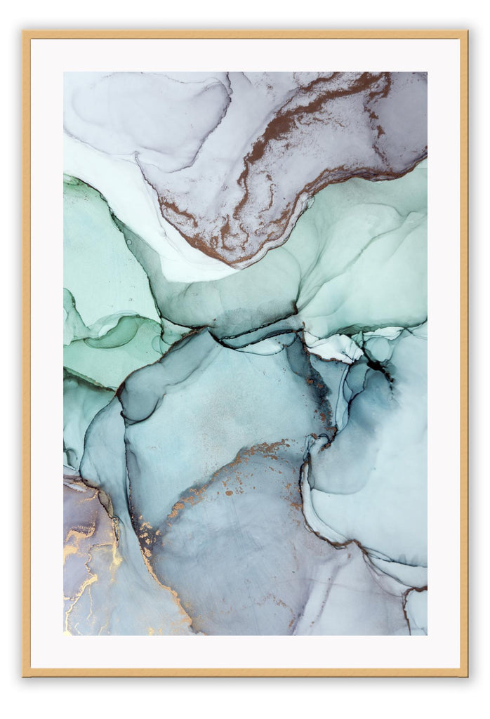 Abstract print with green blue and grey tones with a hint of gold watercolour texture  