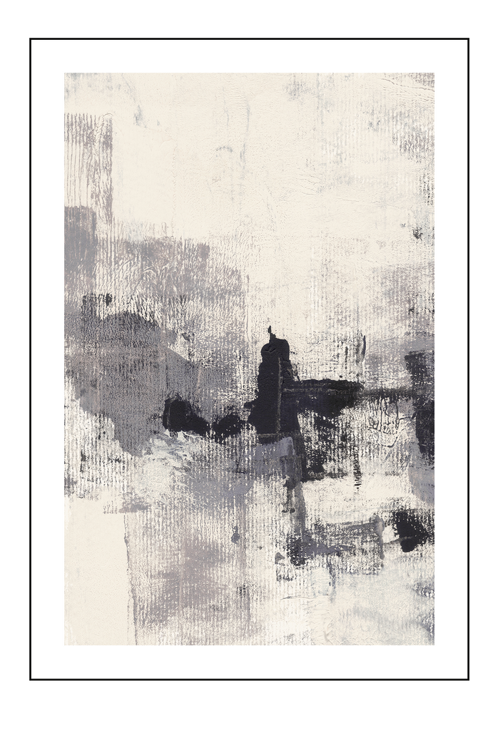 Textured abstract art print with scattered grey and black brushstrokes in the center on an off-white background.