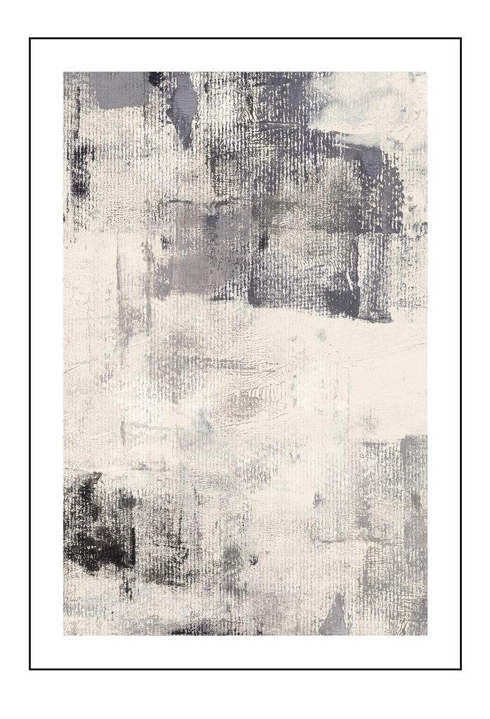 Textured abstract art print with scattered grey and black brushstrokes on an off-white background.